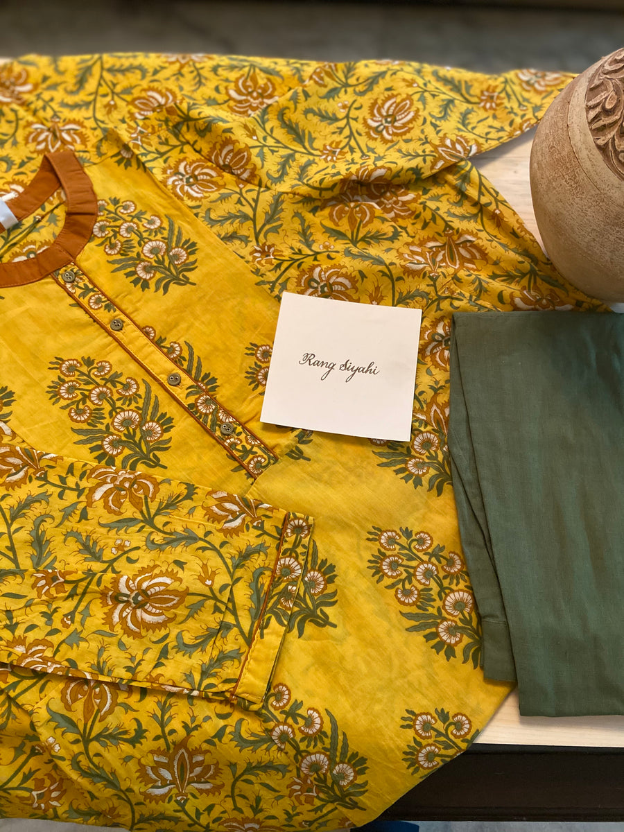 Haridra which means Haldi yellow in Sanskrit is the name we chosen for this kurta. It’s delicately handblock printed and done in fine | Mulmul.