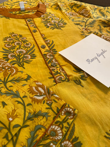 Haridra which means Haldi yellow in Sanskrit is the name we chosen for this kurta. It’s delicately handblock printed and done in fine | Mulmul. 