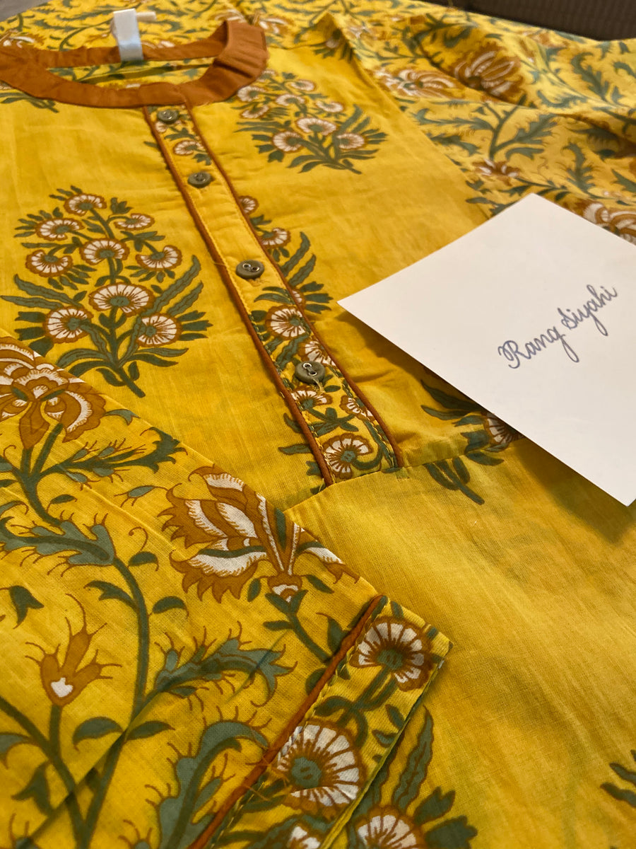 Haridra which means Haldi yellow in Sanskrit is the name we chosen for this kurta. It’s delicately handblock printed and done in fine | Mulmul. 