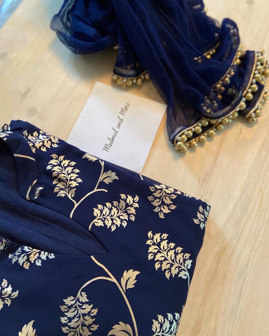 Mulmul | Luxury - “ Gold Blooms On Blue”