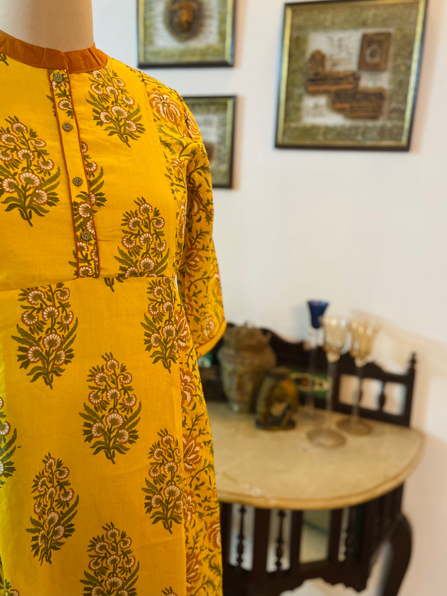 Haridra which means Haldi yellow in Sanskrit is the name we chosen for this kurta. It’s delicately handblock printed and done in fine | Mulmul.